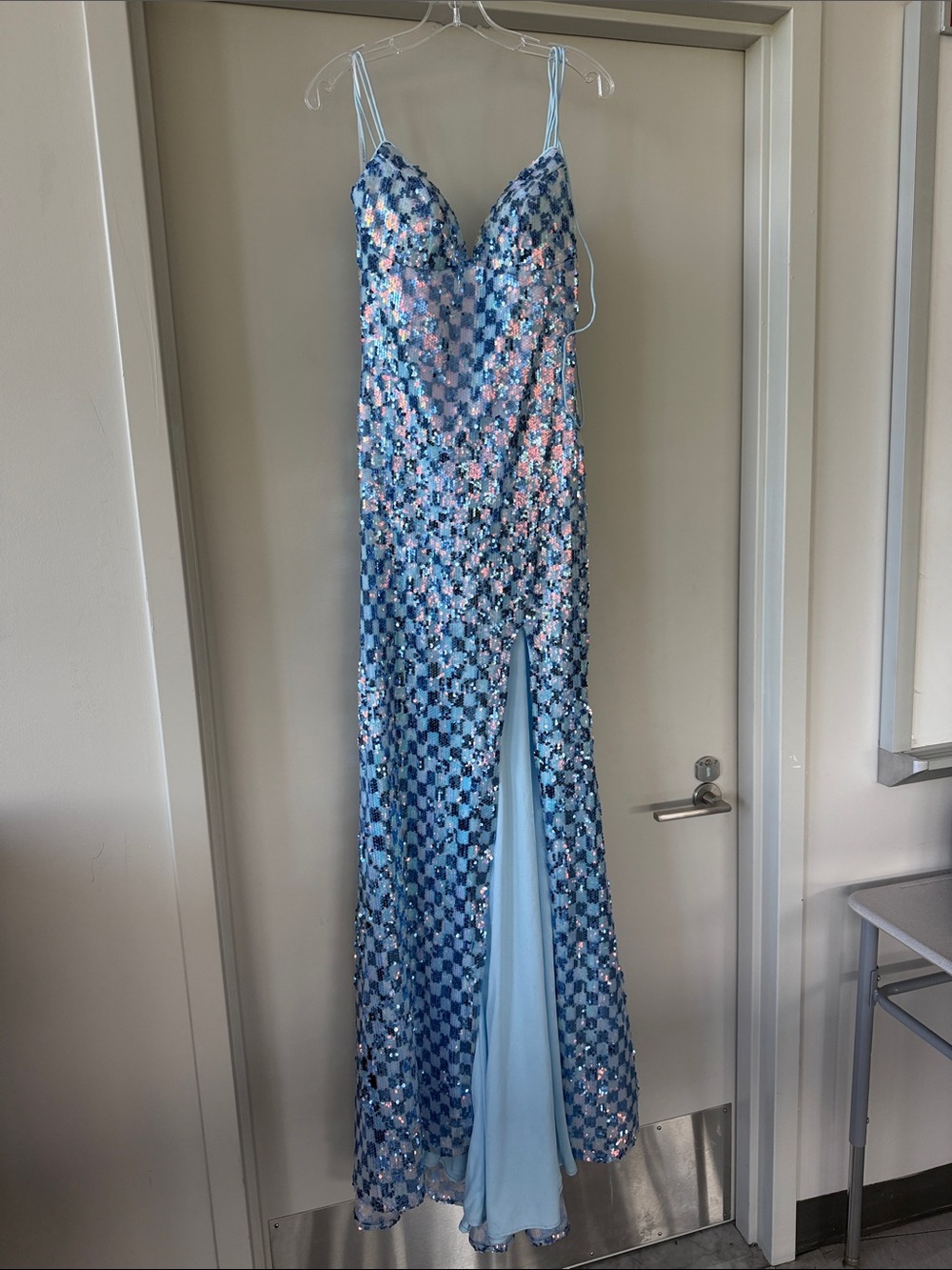 Sequin Checkerboard Light Blue Slit Gown